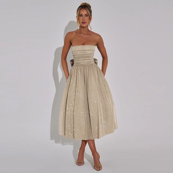 Women's Clothing Summer Elegant Sweet Spicy Solid Color Strapless Off Shoulder Party Cocktail Glitter Mesh Tight Waist Dress_ecoleips.com