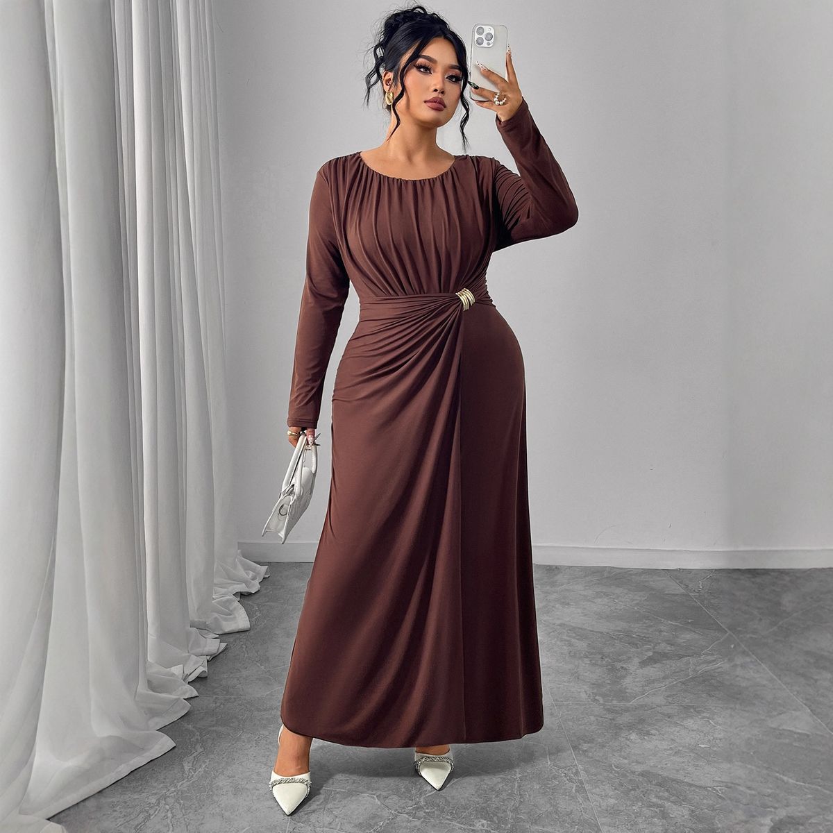 Women's Autumn Winter Brown Dress – Plus Size Long Sleeve Wrap Waist Ruffle Maxi Dress_ecoleips.com