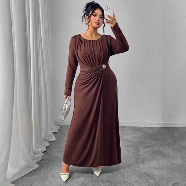 Women's Autumn Winter Brown Dress – Plus Size Long Sleeve Wrap Waist Ruffle Maxi Dress_ecoleips.com