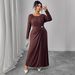 Women's Autumn Winter Brown Dress – Plus Size Long Sleeve Wrap Waist Ruffle Maxi Dress_ecoleips.com