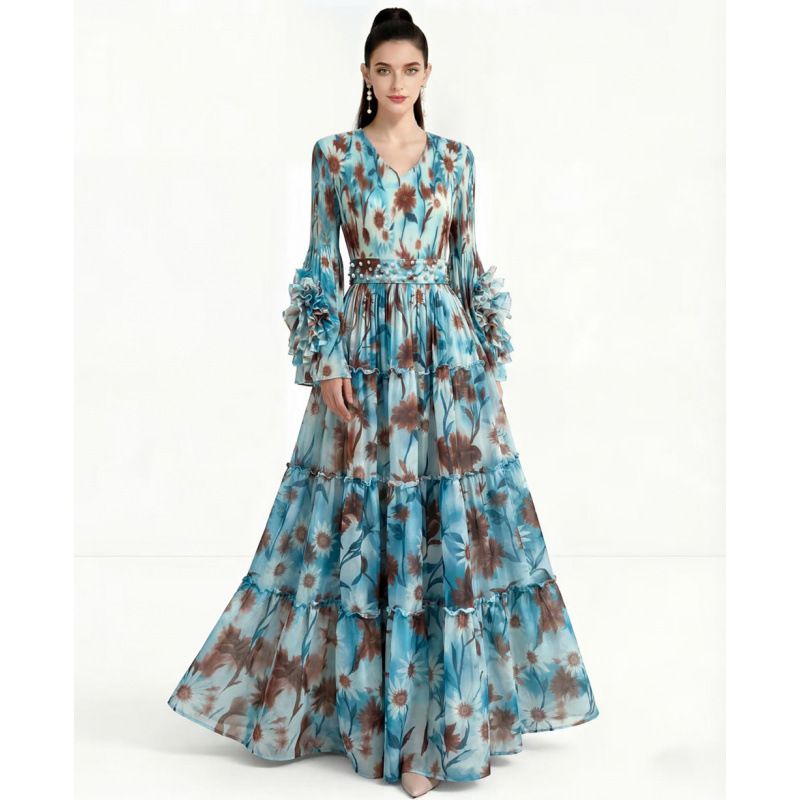 Women's Elegant Slimming Printed Dress V Neck Bell Sleeve Waist Cinching Heavy Duty Beaded Cake Dress_ecoleips.com