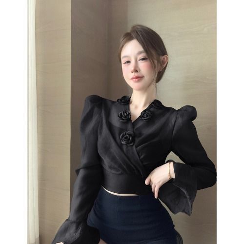 French Retro Design With Three-dimensional Floral Details, Tie-waist Shirt, Early Spring Trendy Mesh Versatile And_ecoleips.com