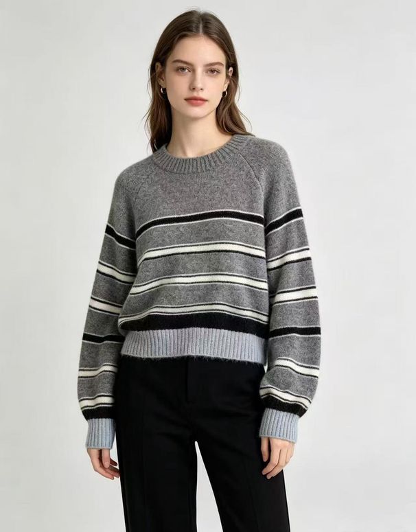 Youthful Color Blocked Striped Knitwear Retro Style Warm Versatile Women's Sweater for Autumn Winter Layering Basic_ecoleips.com