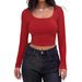 Women's Ribbed Slim Fit T-Shirt Square Neck Long Sleeve Short/Long Length Fashion Top For American Style_ecoleips.com