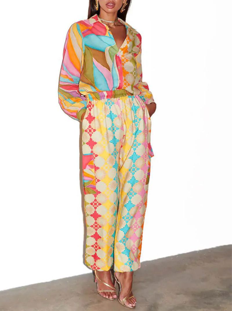 Summer Women's Elegant Casual Pants Suit V Neck Printed Lantern Sleeve Top And Pants Set Commuter Wear_ecoleips.com