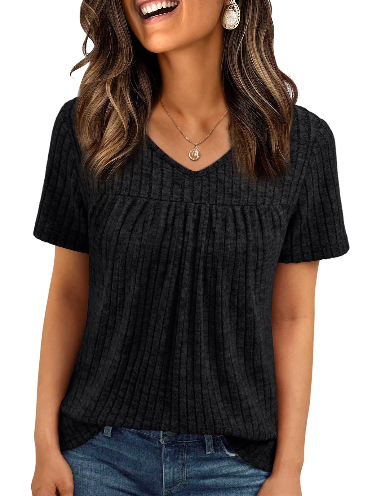 Women's V-Neck Short Sleeve T-Shirt Relaxed Casual Blouse With Ruching Detail In Soft Colors Comfortable Relaxed Fit_ecoleips.com