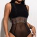 Summer New Spice Girl Mesh Splicing Onesie Diamond Chain Fringed Sleeveless Tight Inner Vest_ecoleips.com
