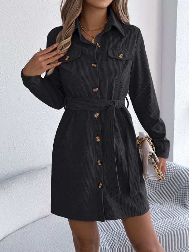 Women's Corduroy Shirt Dress – Long Sleeve Belted Tunic (S-XL, Fall/Winter Staple)_ecoleips.com