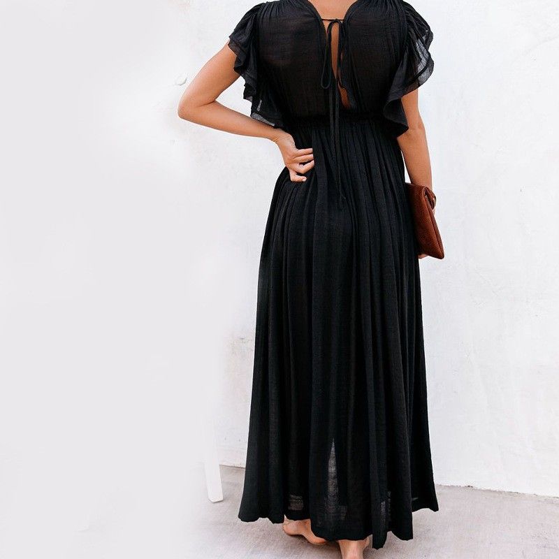 Women's Clothing Women's Beach Cover Up Long Sunscreen Cardigan Skirt Solid Color Holiday Seaside Dress_ecoleips.com