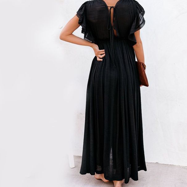 Women's Clothing Women's Beach Cover Up Long Sunscreen Cardigan Skirt Solid Color Holiday Seaside Dress_ecoleips.com