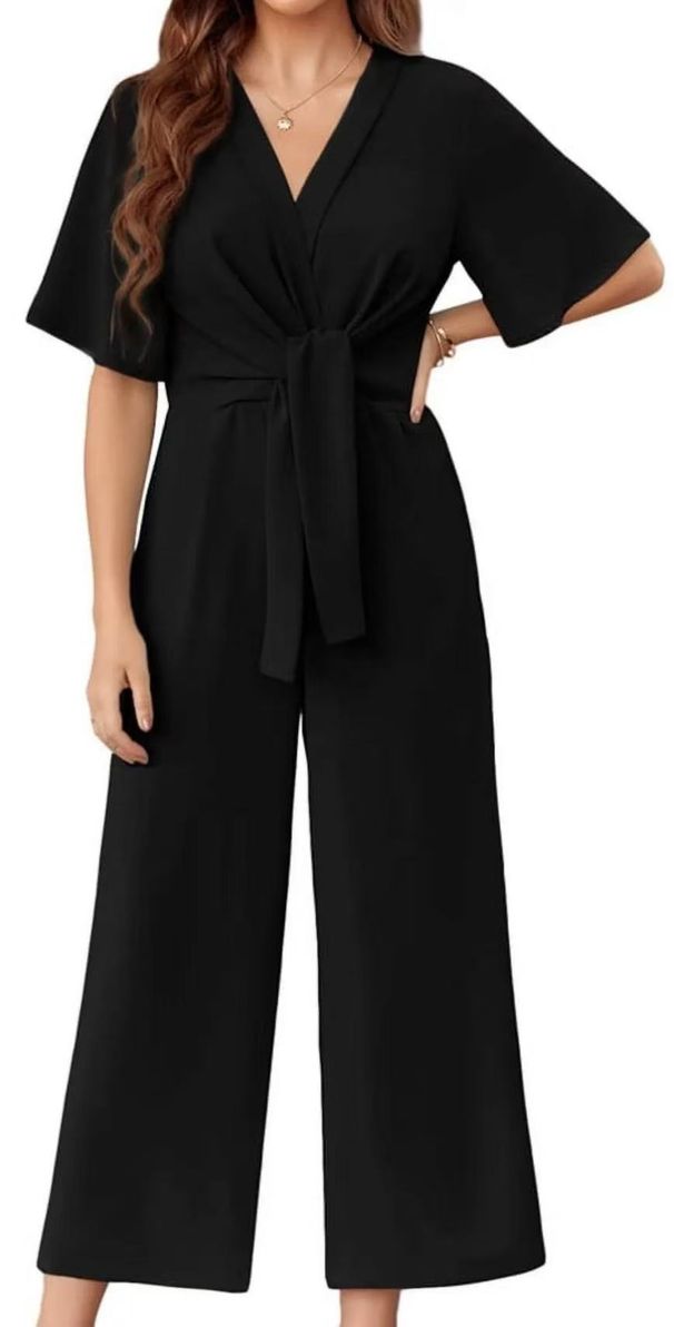 K New Women's Solid Color V-neck Minimalist Design Short Sleeved Jumpsuit_ecoleips.com