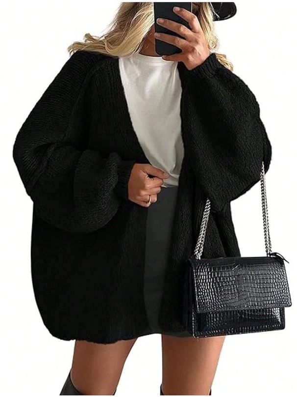 Midi Cardigan Knit Women Loose V Neck Elegant Solid Sweater Long Sleeve Lady Elegant Open Stitch Jumpers Autumn Winter_ecoleips.com