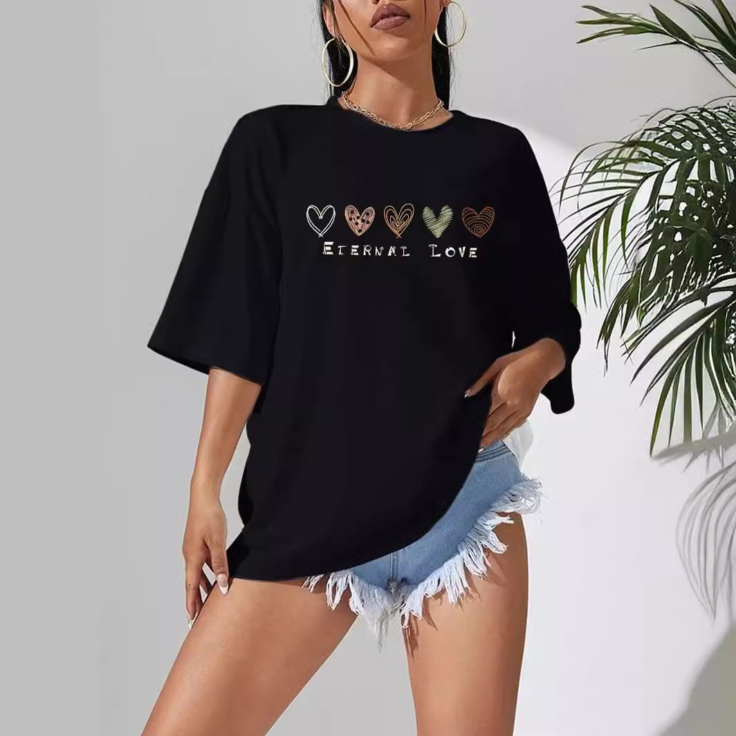 Women's Casual Black T-Shirt round Neck Short Sleeve Heart Letter Print Loose Fit European American Style Simple Sports Top_ecoleips.com
