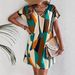 Women's Casual Elegant V-Neck Dress Geometric Print Flowy A-Line Midi Short Sleeve Dress for Vacation Elegant Style_ecoleips.com