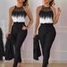 Women's Clothing Temperament Commuting Printed Cross Strap Gradient Top Solid Color Skinny Pants Two Piece Set_ecoleips.com
