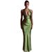 Women's Sexy Deep V Halter Ruched Lace Up Bodycon Maxi Dress – Elegant Party Evening Gown_ecoleips.com