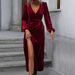 Voya Women's Clothing Temperament Sexy Fashion Wine Red Party Velvet Medium Long Dress_ecoleips.com