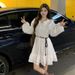 Autumn New Korean Fashion Camellia Long Sleeve Maternity Dress With Belt_ecoleips.com