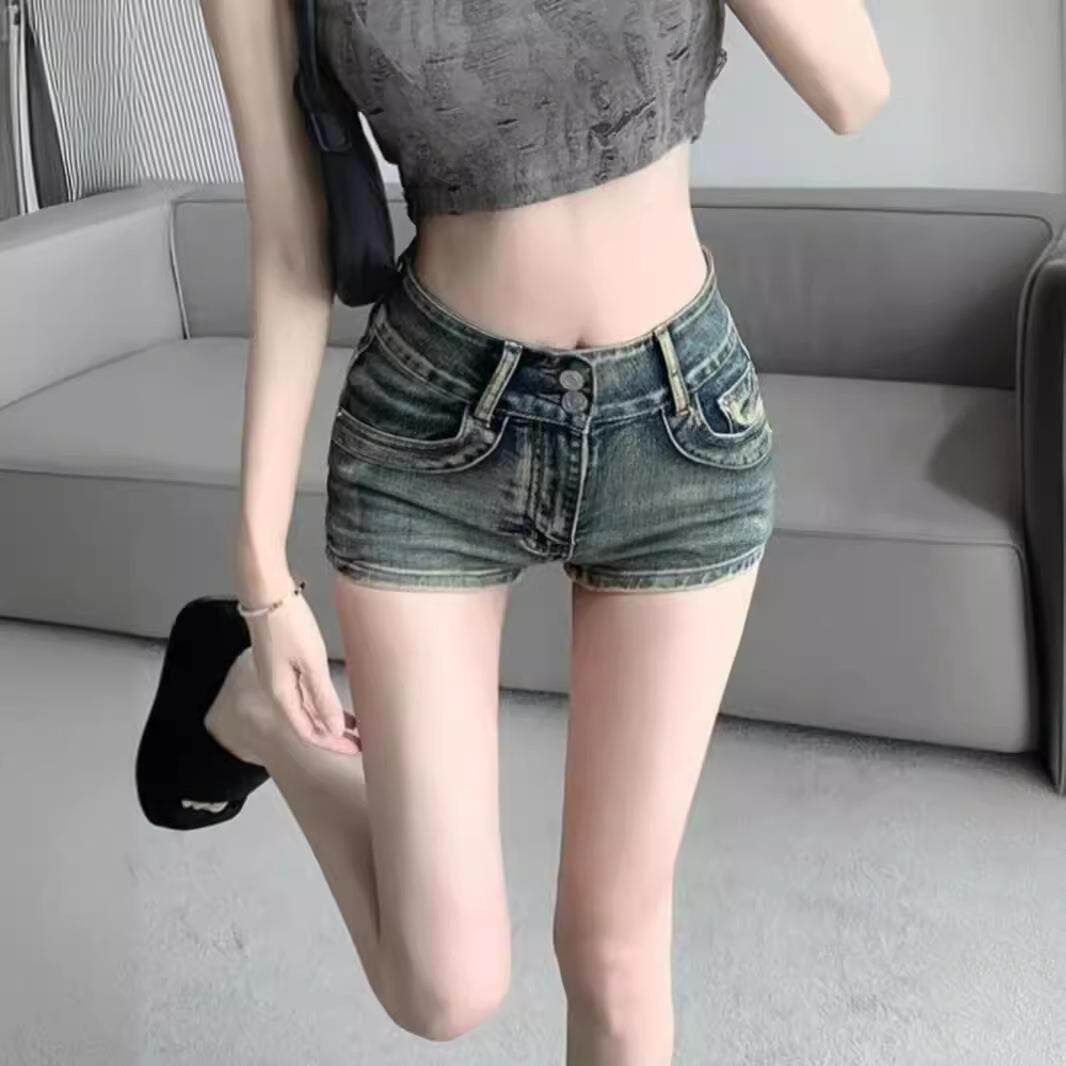 High-Waisted Retro Blue Denim Shorts for Women Sexy Tight Slimming A-Line Hot Pants American Trendy New Summer Style_ecoleips.com