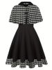 Women's Vintage Houndstooth Capelet A-Line Dress Retro 1950s Swing Dress With Cape For Party &Cocktail_ecoleips.com