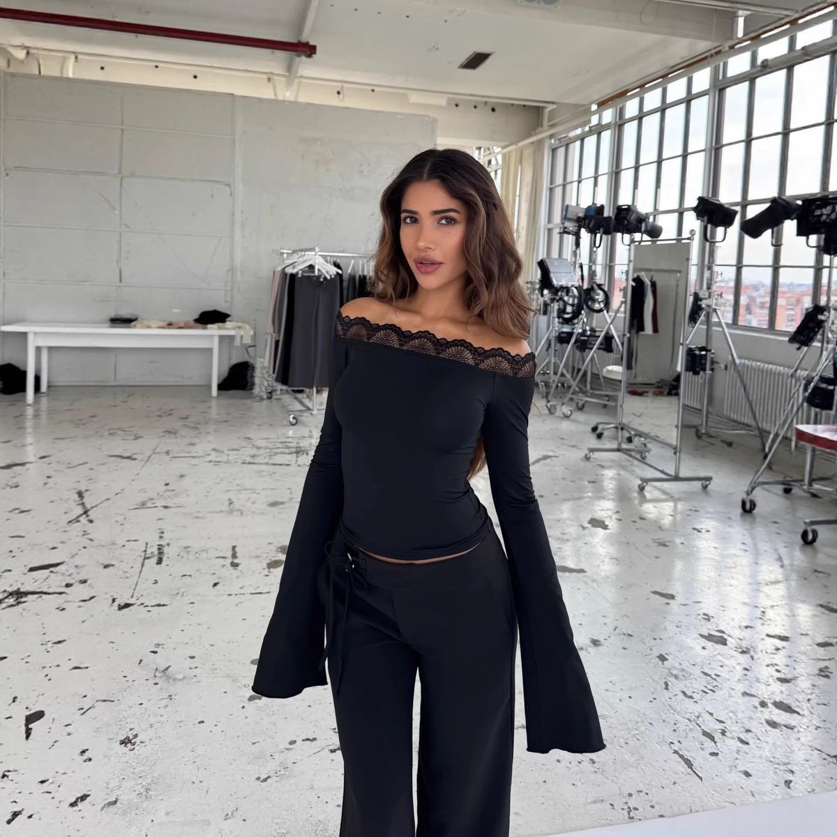 Women's Clothing Off-Shoulder Slim Fit Top For Women Sexy Eyelash Lace Trim Top Ins Style_ecoleips.com