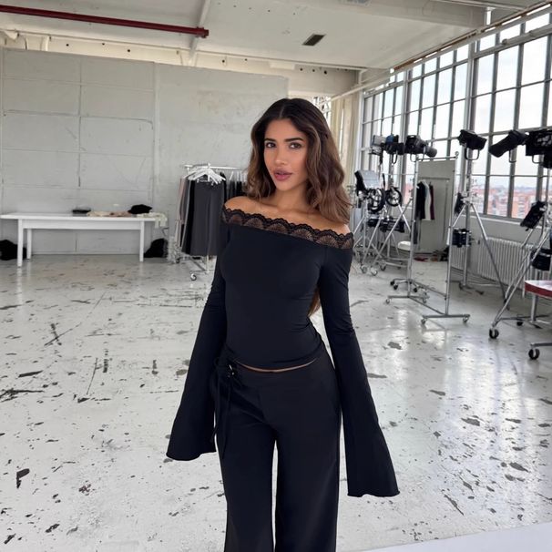Women's Clothing Off-Shoulder Slim Fit Top For Women Sexy Eyelash Lace Trim Top Ins Style_ecoleips.com