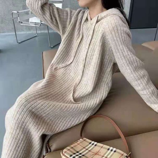 Korean-Style Mid-Length Hooded Knit Dress For Women, Perfect For Autumn/Winter. Loose Fit With Slimming Effect, Paired W_ecoleips.com