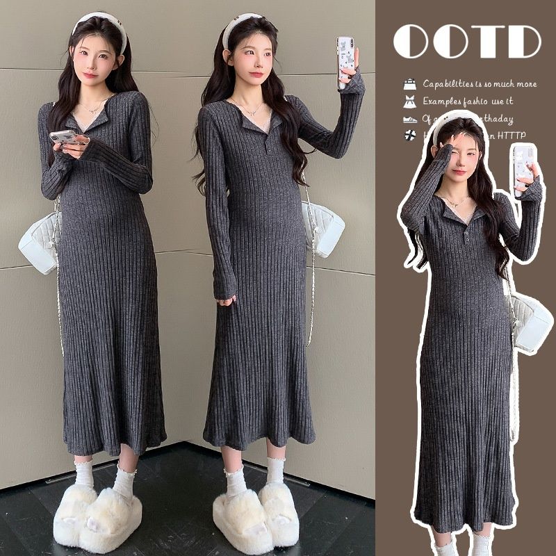 Autumn New Korean Fashion Lace V-Neck Gray Two-Piece Maternity Dress_ecoleips.com