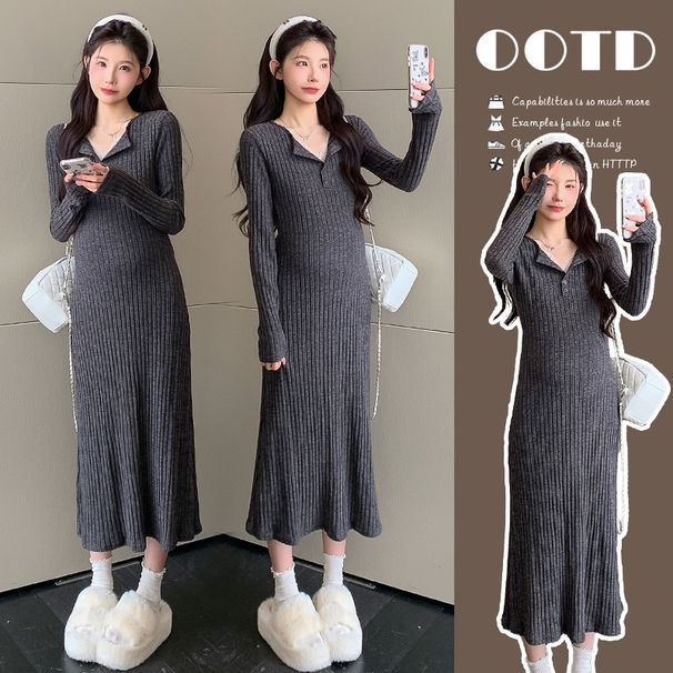 Autumn New Korean Fashion Lace V-Neck Gray Two-Piece Maternity Dress_ecoleips.com