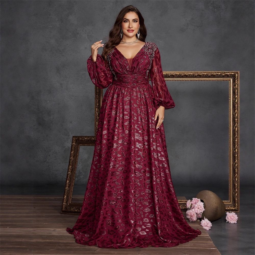 Women's Clothing Plus Size Sequin Pleated Dress – Elegant V-Neck Long Sleeve Evening Gown For Cocktail Parties_ecoleips.com