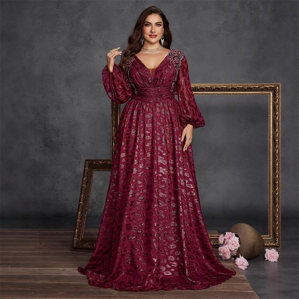 Women's Clothing Plus Size Sequin Pleated Dress – Elegant V-Neck Long Sleeve Evening Gown For Cocktail Parties_ecoleips.com