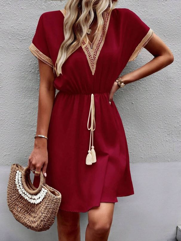 Women's Clothing New Satin Dress Spring And Summer Lace Bat Sleeve Waist Skirt_ecoleips.com