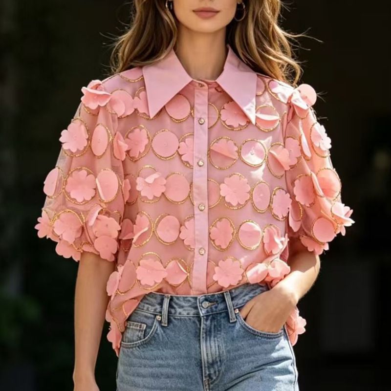 Women's French Court Style Shirt Three Dimensional Petal Flower Print Hollowed Out Lantern Sleeves Chic Mesh Blouse_ecoleips.com