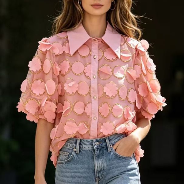 Women's French Court Style Shirt Three Dimensional Petal Flower Print Hollowed Out Lantern Sleeves Chic Mesh Blouse_ecoleips.com