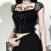 Sexy Street T-shirt Women Lace Patchwork Square Collar Short Sleeve Clothes Gothic Punk Lacing Slim Dark Top Tee Femme_ecoleips.com