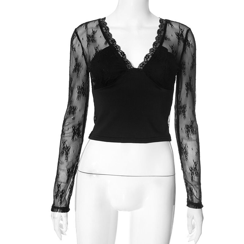 Women’s Sexy Lace-Paneled V-Neck T-Shirt – Stretch Polyester Blend With Sheer Mesh Inserts (S-L, Black)_ecoleips.com