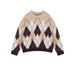 girl Fair Isle Argyle Sweater Women, Loose Fit, Lazy Style, Round Neck, Long Sleeve, Versatile, Chic Unique Knitted Top For_ecoleips.com