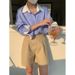 Women's Loose Casual Color Block Top Korean Style Collared Blue And White Striped Outerwear Shirt Autumn New_ecoleips.com