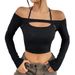 Voya Spring And Summer New Women's Sexy Off Shoulder Slim Fit Short American Long Sleeved T-shirt Hollowed Out Top_ecoleips.com