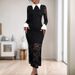 Women's Clothing Elegant Black & White Color Block Long Dress With Lapel & Lace Patchwork - Seasonless Investment Slim Fit_ecoleips.com