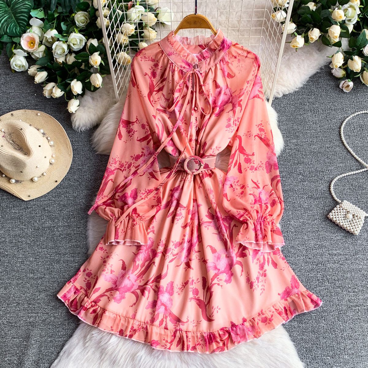 Romantic Ruffled Collar Long Sleeved Dress For Early Summer Sweet Youthful Style Tie Waist Slim Fit Printed Women's Dress_ecoleips.com
