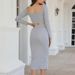 2 Piece Knit Outfit, Off Shoulder Long Sleeve Crop Top + High Waist Button Split Midi Pencil Skirt Two Piece Set_ecoleips.com