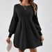 Elegant Knit Sweater Dress With Lantern Sleeves & A-Line Hem - Soft Polyester Blend For Women (Available In Black/Khaki, Sizes S-XL)_ecoleips.com