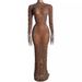 Women's Clothing Elegant Sheer Mesh Crystal Embellished Maxi Dress For Evening Parties & Celebrations - Sexy High Waist Long Sleeve Gown_ecoleips.com