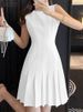 ZANZEA Womens Elegant Pleated Hem Mini Dresses Fashion O-Neck Sleeveless Fitted Waist Robes Femme OL Commuting Solid Vestidos_ecoleips.com