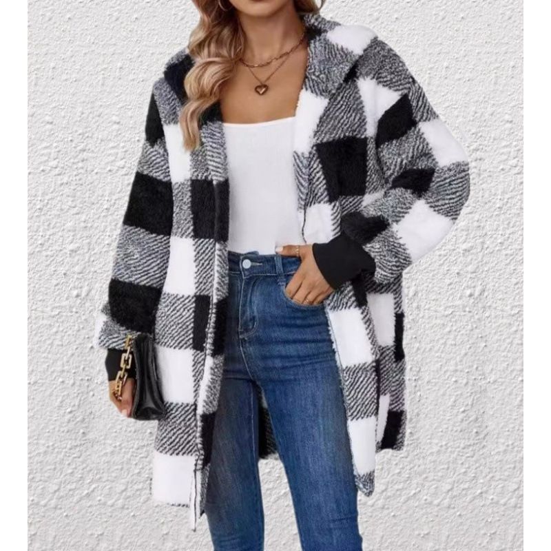 Jacket Loose Plaid Color Matching Plush Cardigan Fashion Sweater Women's Top Wholesale_ecoleips.com