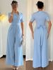 Elegant Blue Slanted Neck Belted Slim Fit Jumpsuit For Women Spring And Summer American Style_ecoleips.com