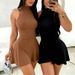 Brown Sleeveless Mini Dress Women's Mock Neck Sundress Flared Stretchy Ribbed Knit A-Line Casual Summer Party Vacation Dress_ecoleips.com