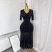 Elegant French Style Stretch Mesh Pleated V Neck Slim Fit Long Dress for Women High Waisted Summer Dress Flattering_ecoleips.com