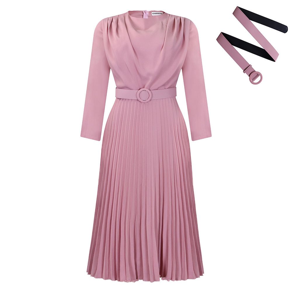 Women's Clothing Elegant Long Sleeved Pleated Solid Color Elegant Autumn Long-Sleeve Pleated Midi Dress | Belted Office Dress With Flowy Skirt_ecoleips.com